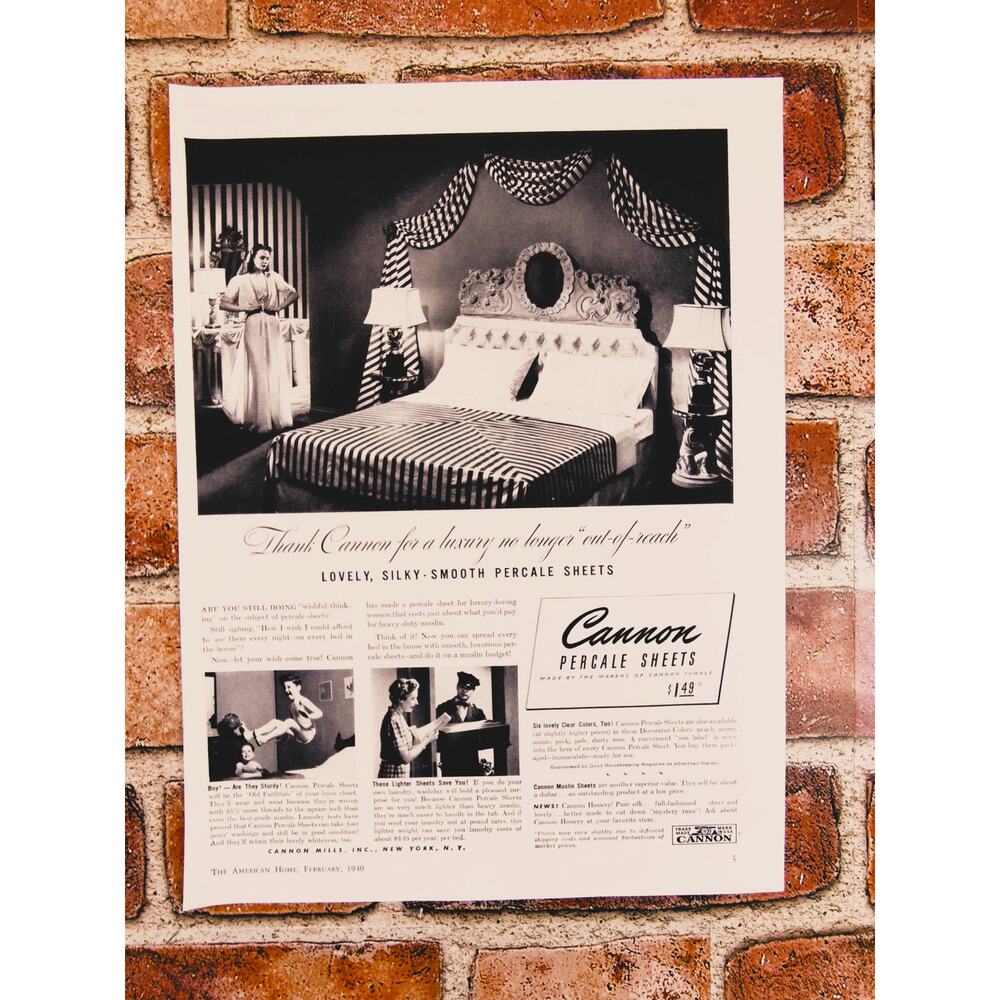 1940 Vintage Cannon Percale Sheets Print Ad Elegant Black & White Bedroom Decor‎